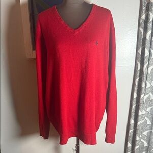 Polo Ralph Lauren Vintage 100% Lambswool Red V Neck Sweater SZ Large Tall
